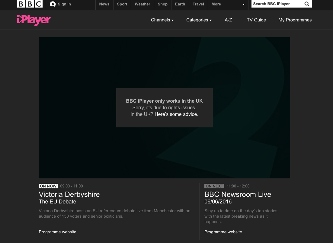 BBC notification that to watch iPlayer abroad is impossible